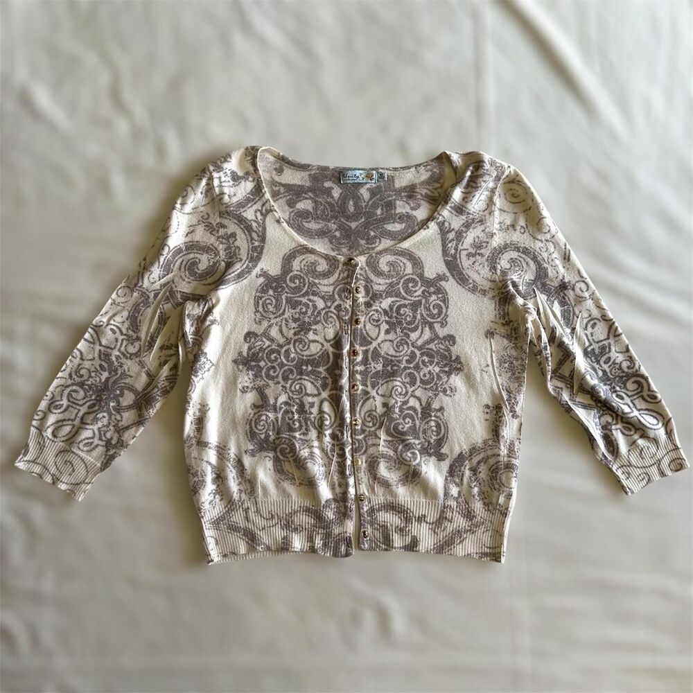 Unity World Wear White & Gray Abstract Print Button Front Cardigan Sz M‎ Grunge